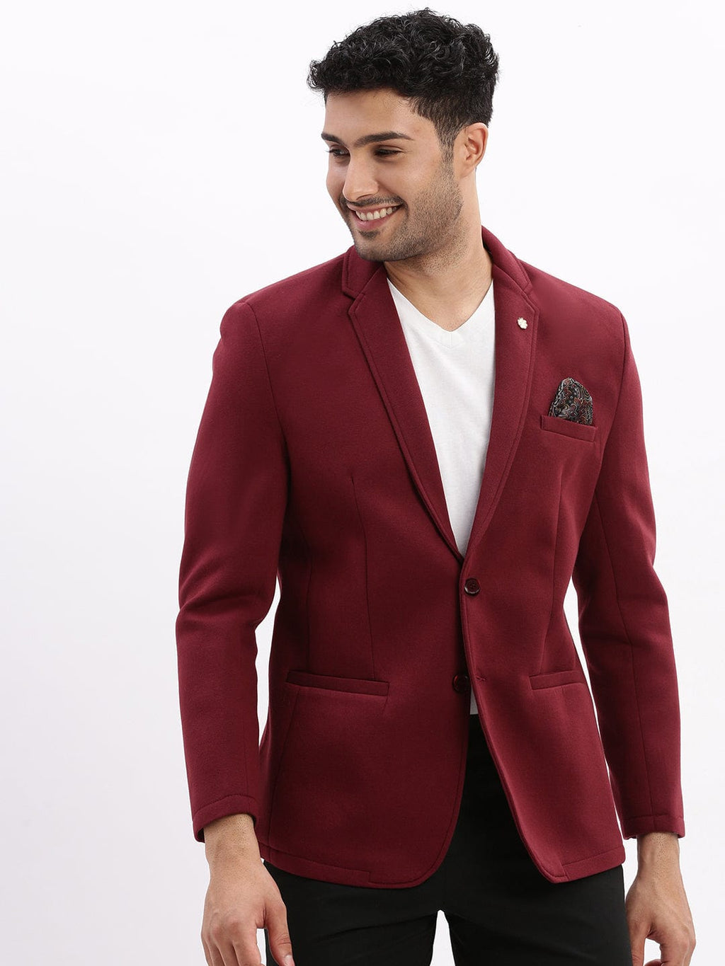 Men's Burgundy Slim-Fit Notched Lapel Collar Single Breasted Cotton Casual Blazer