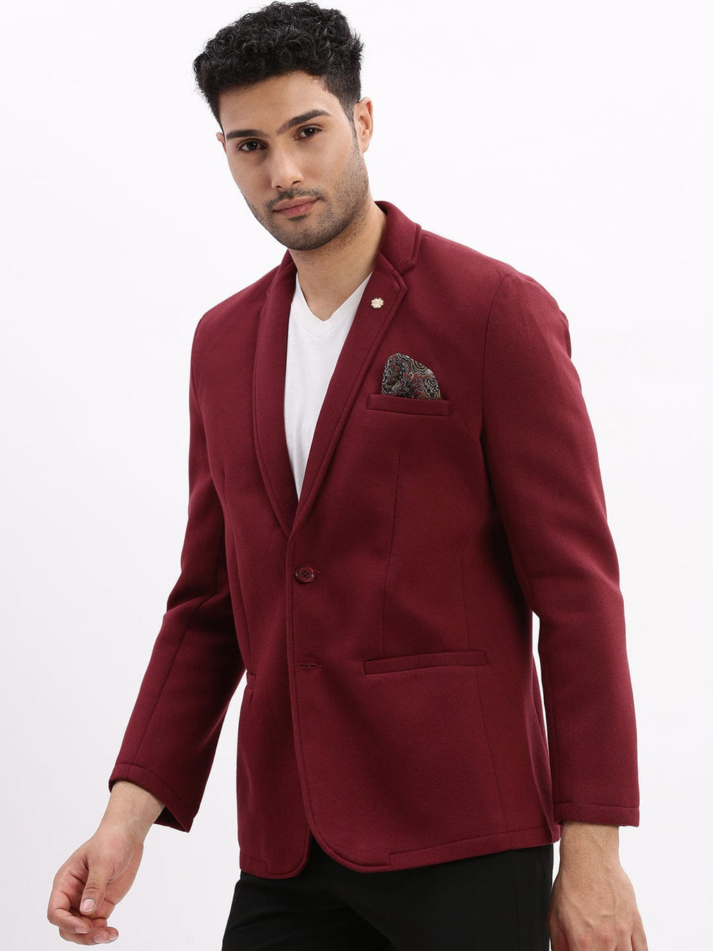 Men's Burgundy Slim-Fit Notched Lapel Collar Single Breasted Cotton Casual Blazer