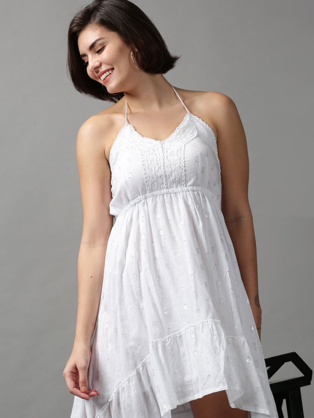 Women's White Self Design Halter Neck High-Low Dress