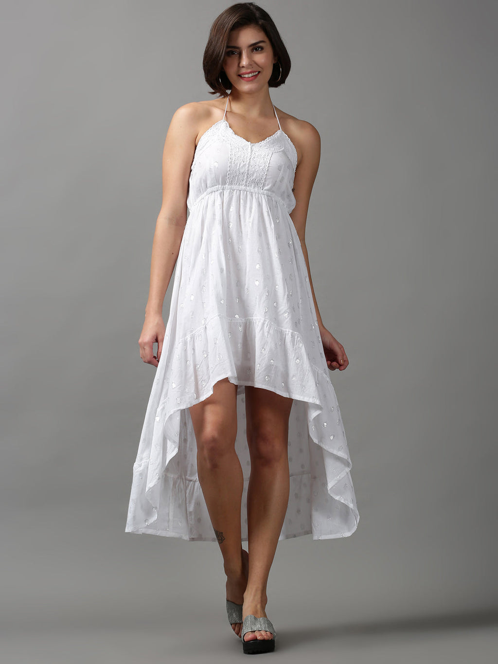 Women's White Self Design Halter Neck High-Low Dress