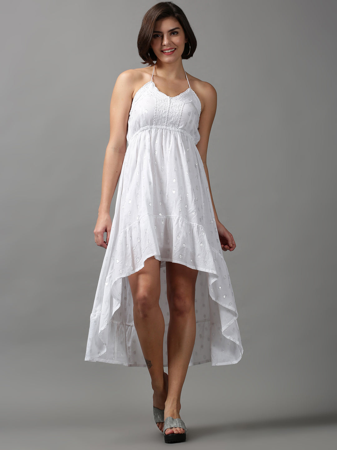 Women's White Self Design Halter Neck High-Low Dress