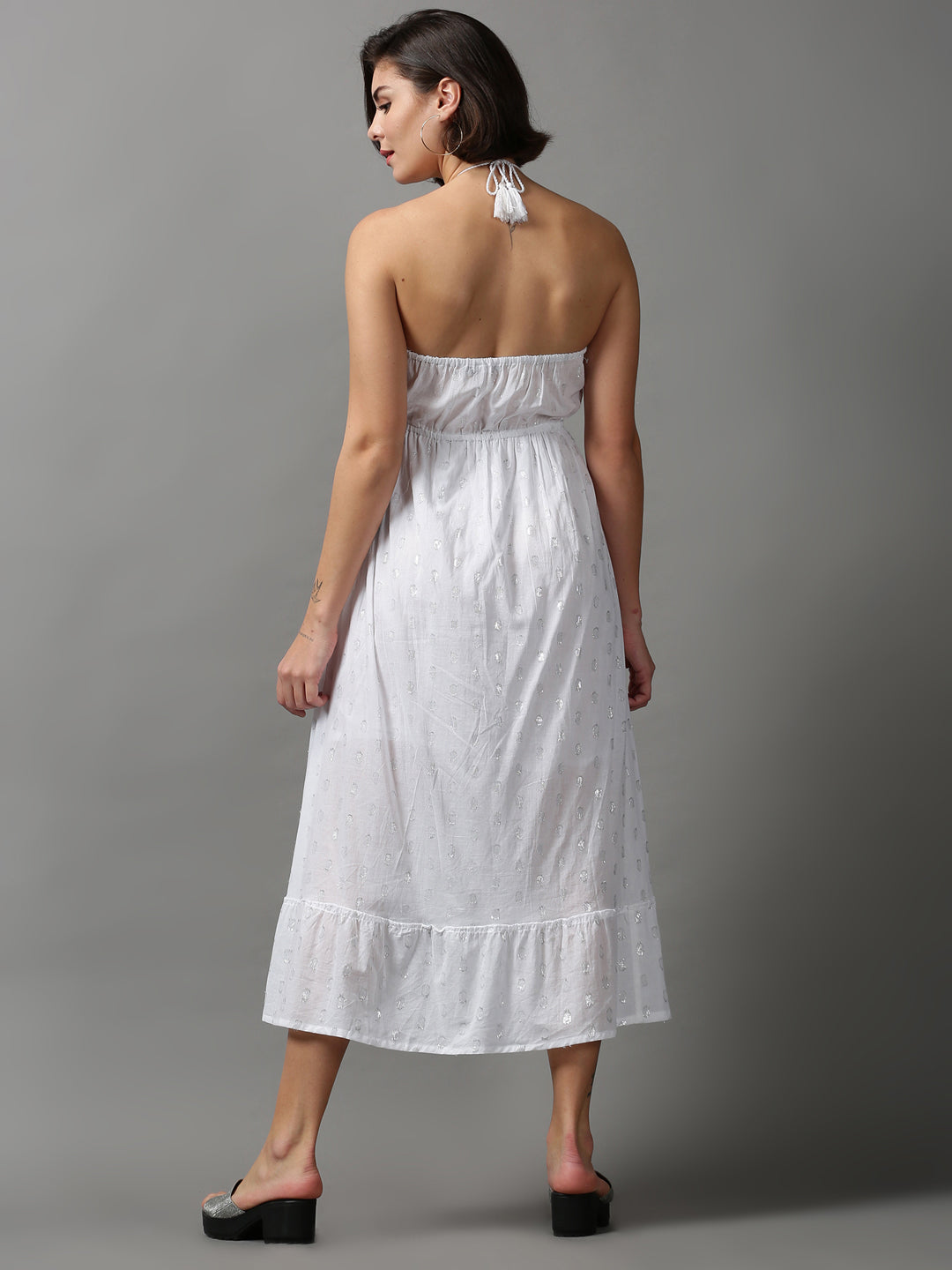 Women's White Self Design Halter Neck High-Low Dress