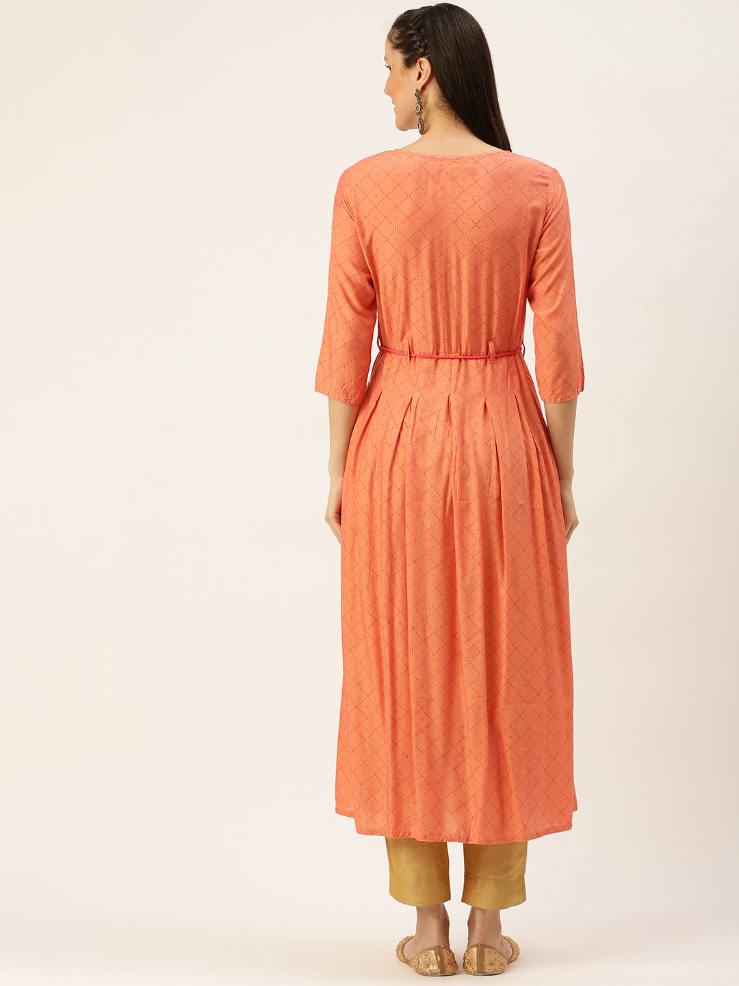 Women's Peach Embroidered Thread Work A-Line Kurta