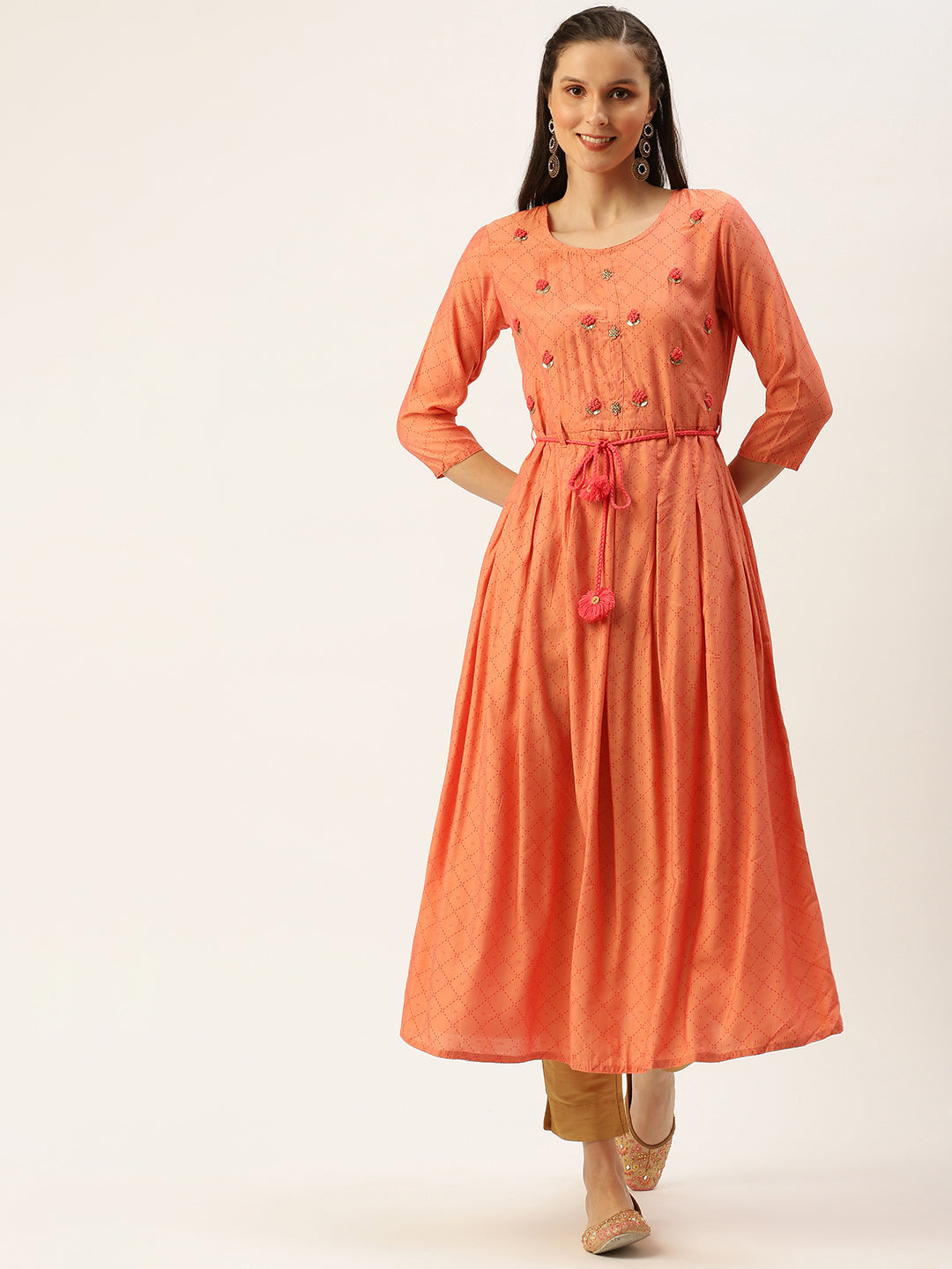 Women's Peach Embroidered Thread Work A-Line Kurta