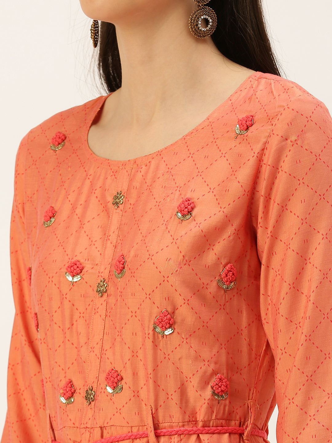 Women's Peach Embroidered Thread Work A-Line Kurta
