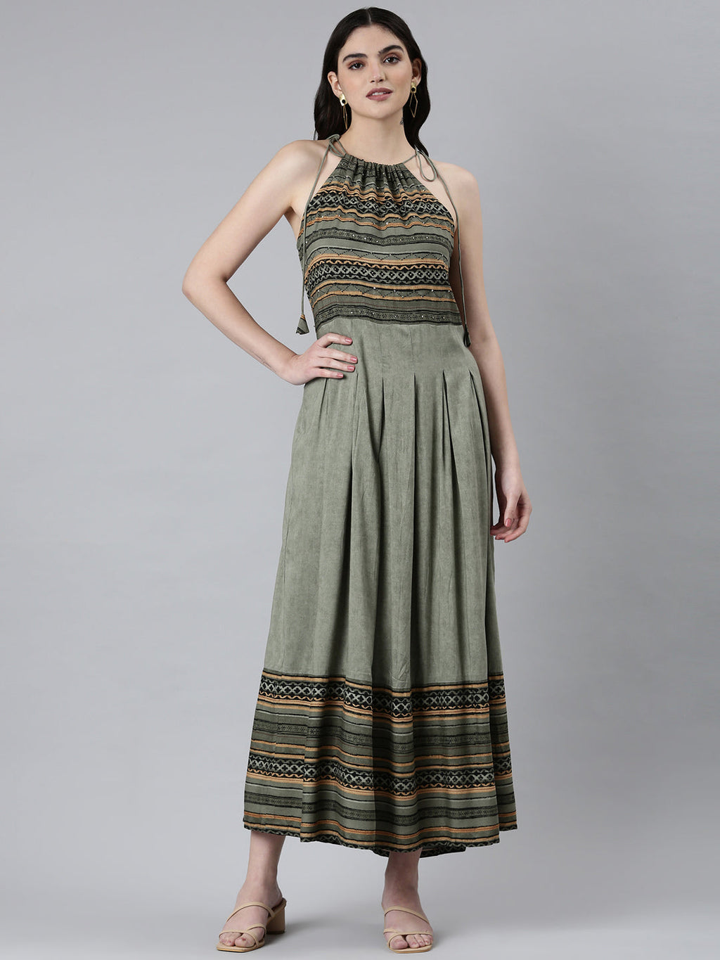 Women's Green Tribal Printed Halter Neck Pleated Fit & Flare Dress