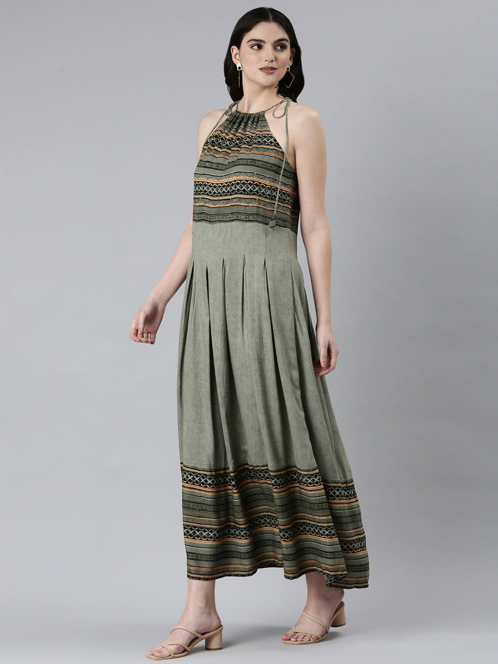 Women's Green Tribal Printed Halter Neck Pleated Fit & Flare Dress