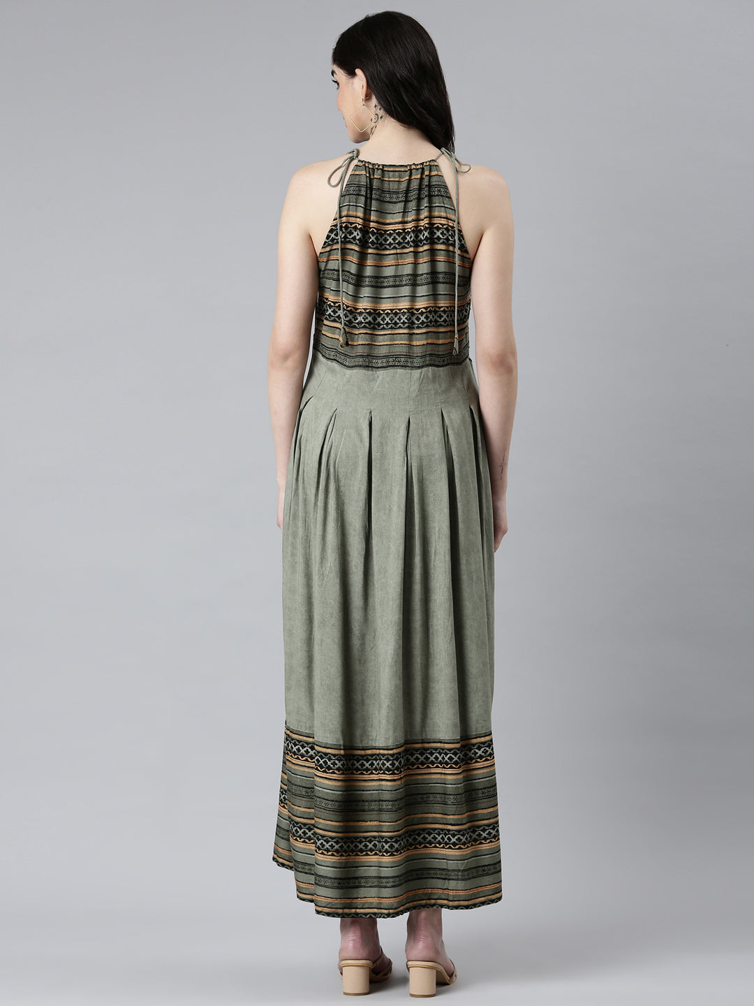 Women's Green Tribal Printed Halter Neck Pleated Fit & Flare Dress