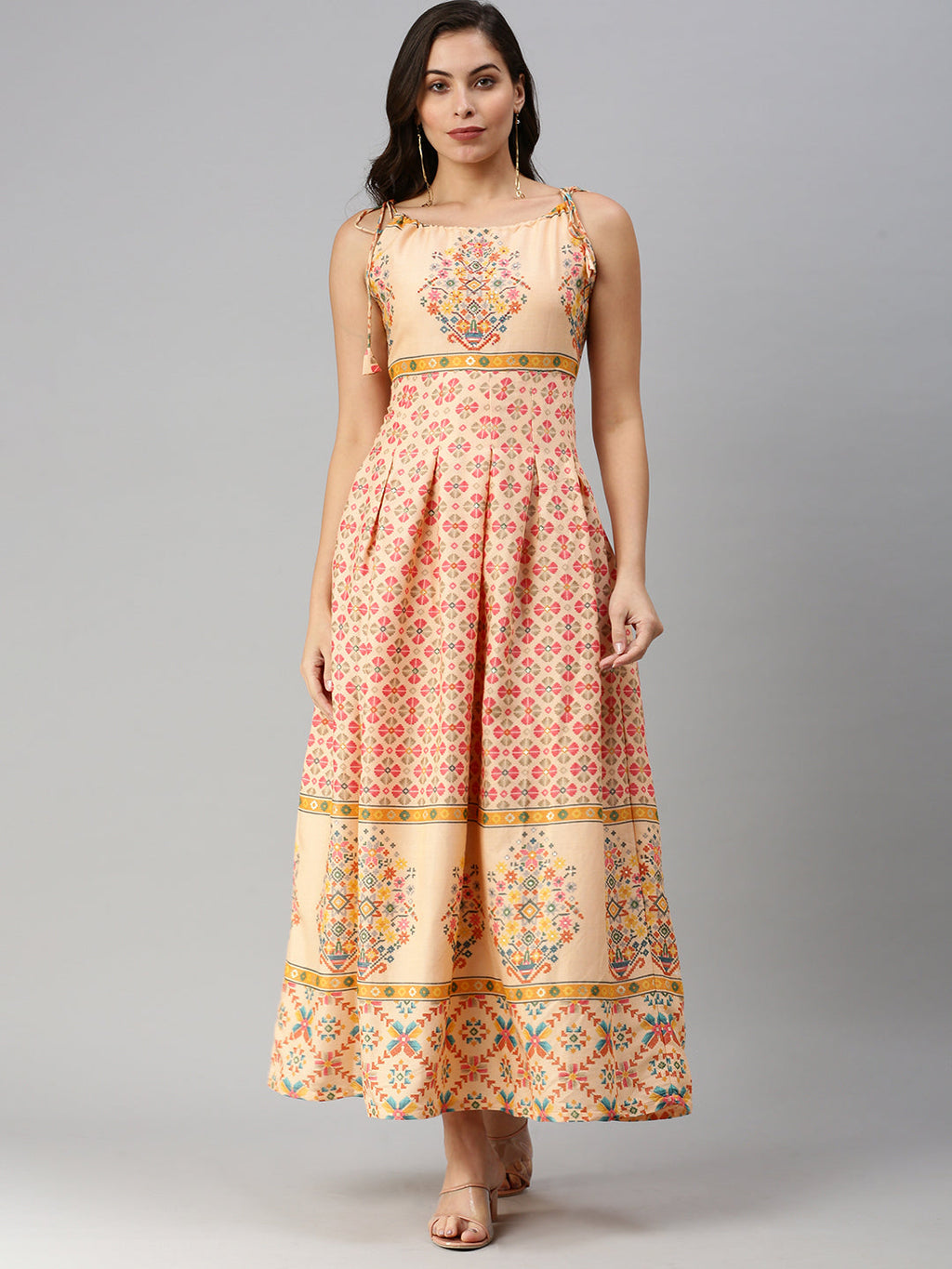 Women's Peach Floral Fit and Flare Kurta