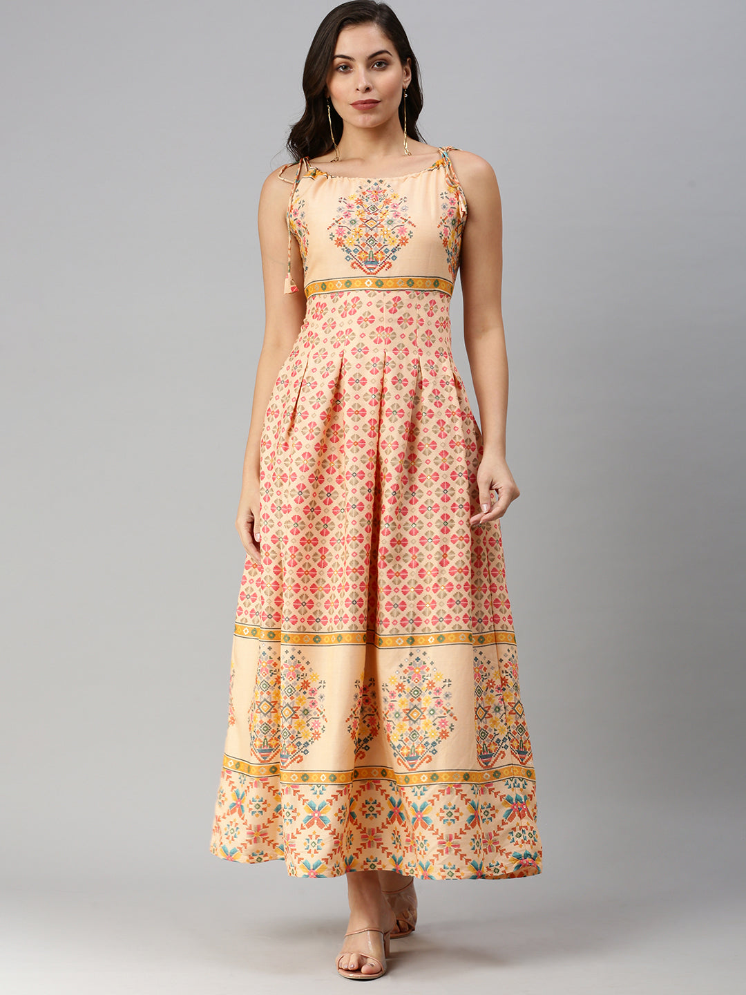 Women's Peach Floral Fit and Flare Kurta