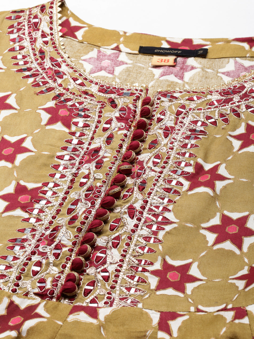 Women's Olive Ethnic Motifs Printed Embellished Anarkali Kurta