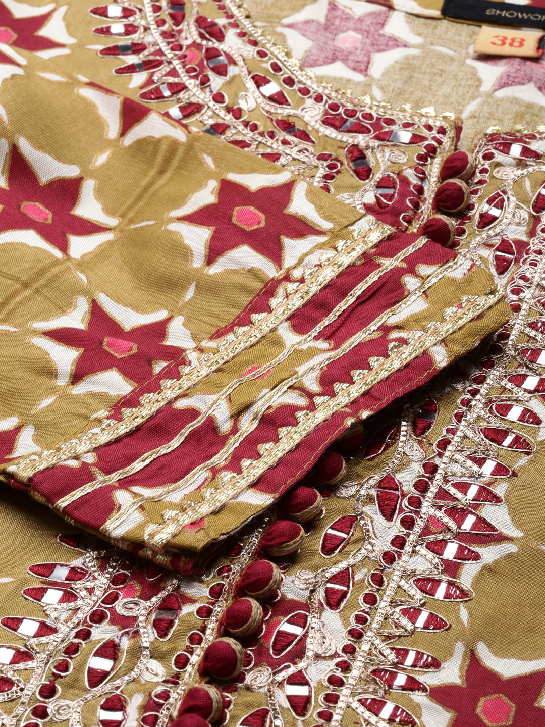 Women's Olive Ethnic Motifs Printed Embellished Anarkali Kurta