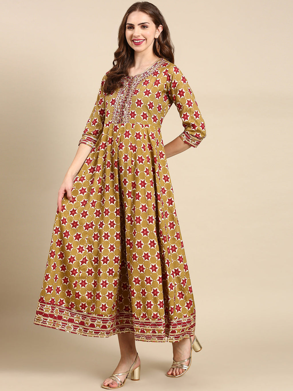 Women's Olive Ethnic Motifs Printed Embellished Anarkali Kurta
