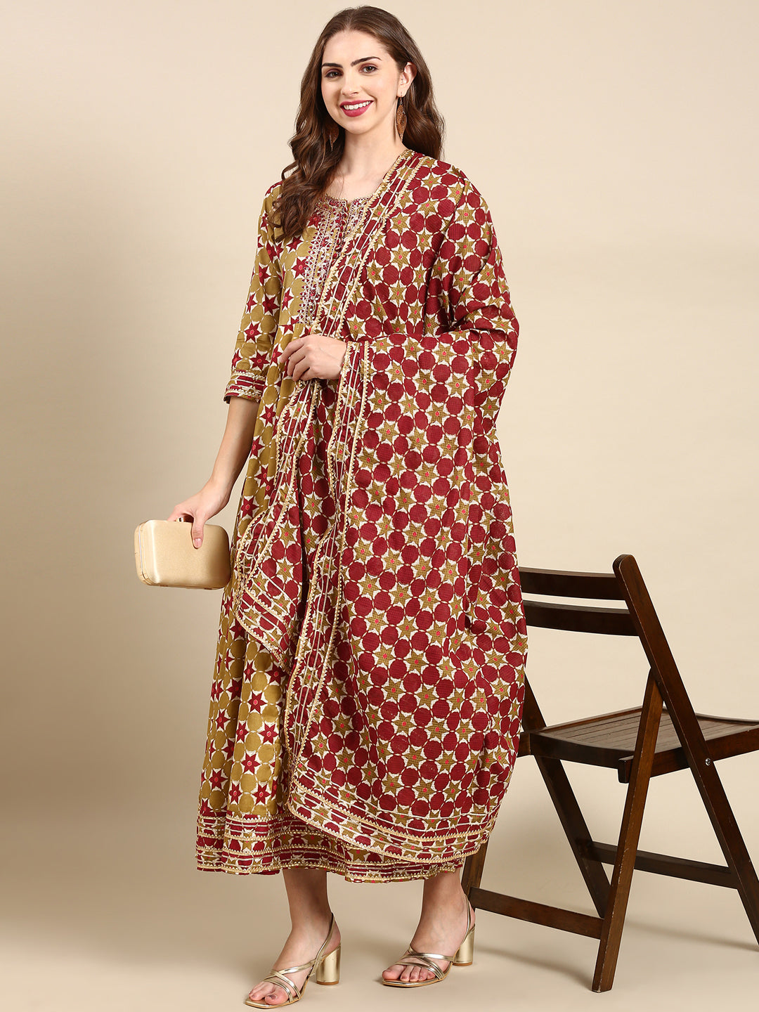 Women's Olive Ethnic Motifs Printed Embellished Anarkali Kurta