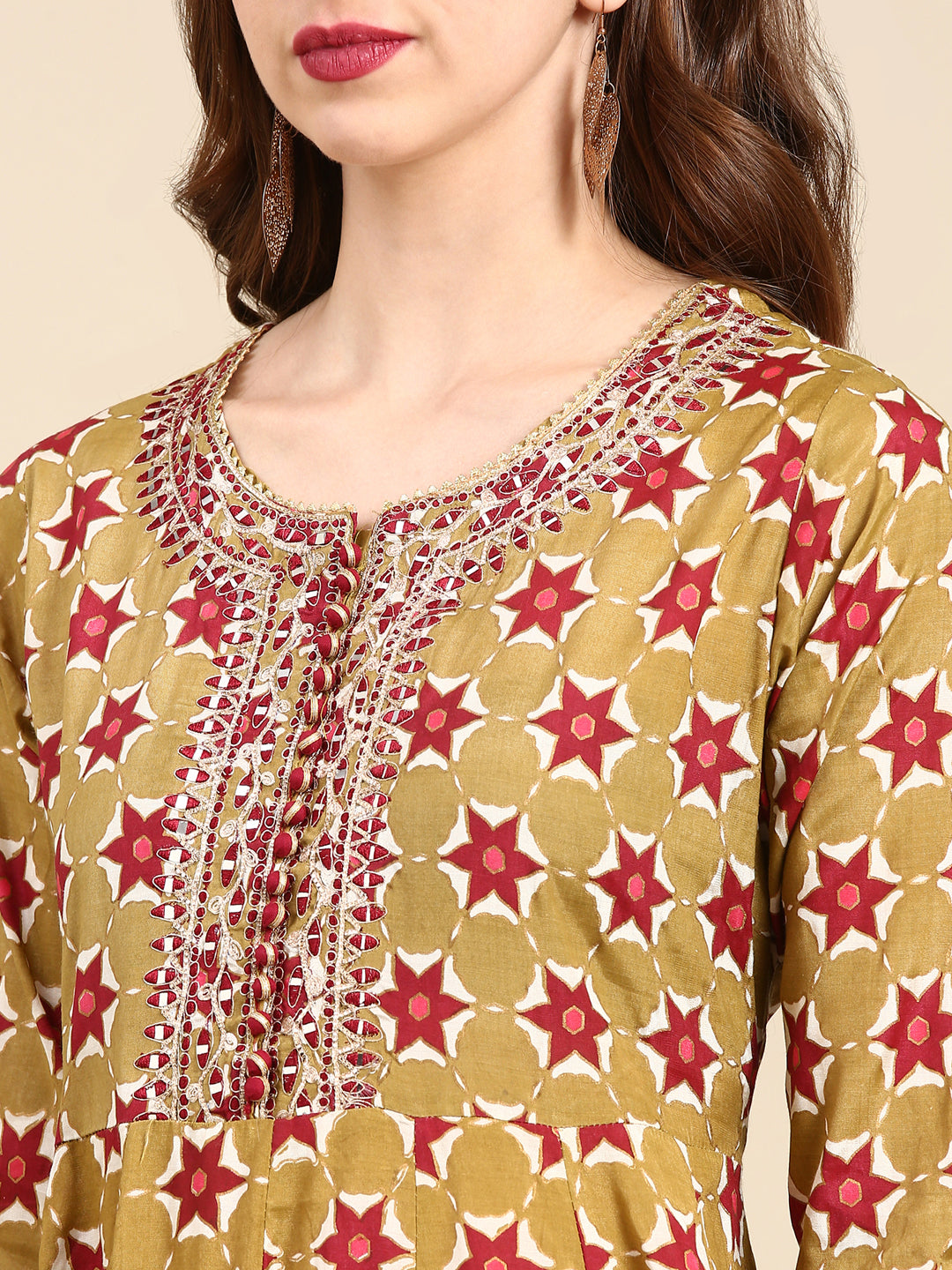 Women's Olive Ethnic Motifs Printed Embellished Anarkali Kurta