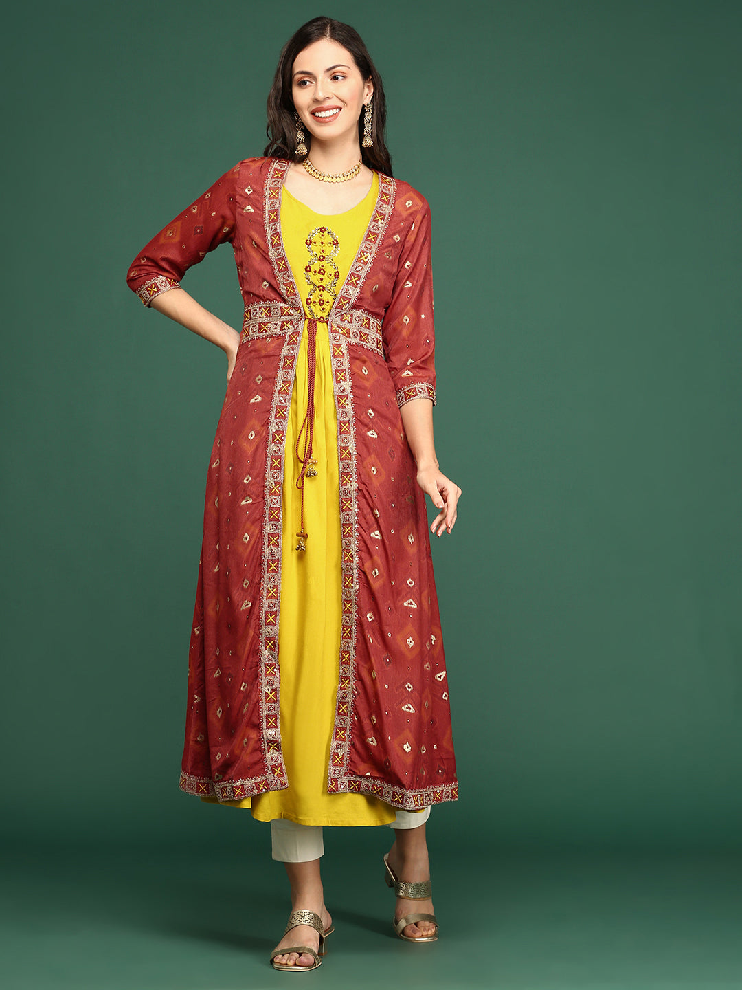 Women's Green Round Neck Sleeveless Ankle Length Empire Anarkali Kurta