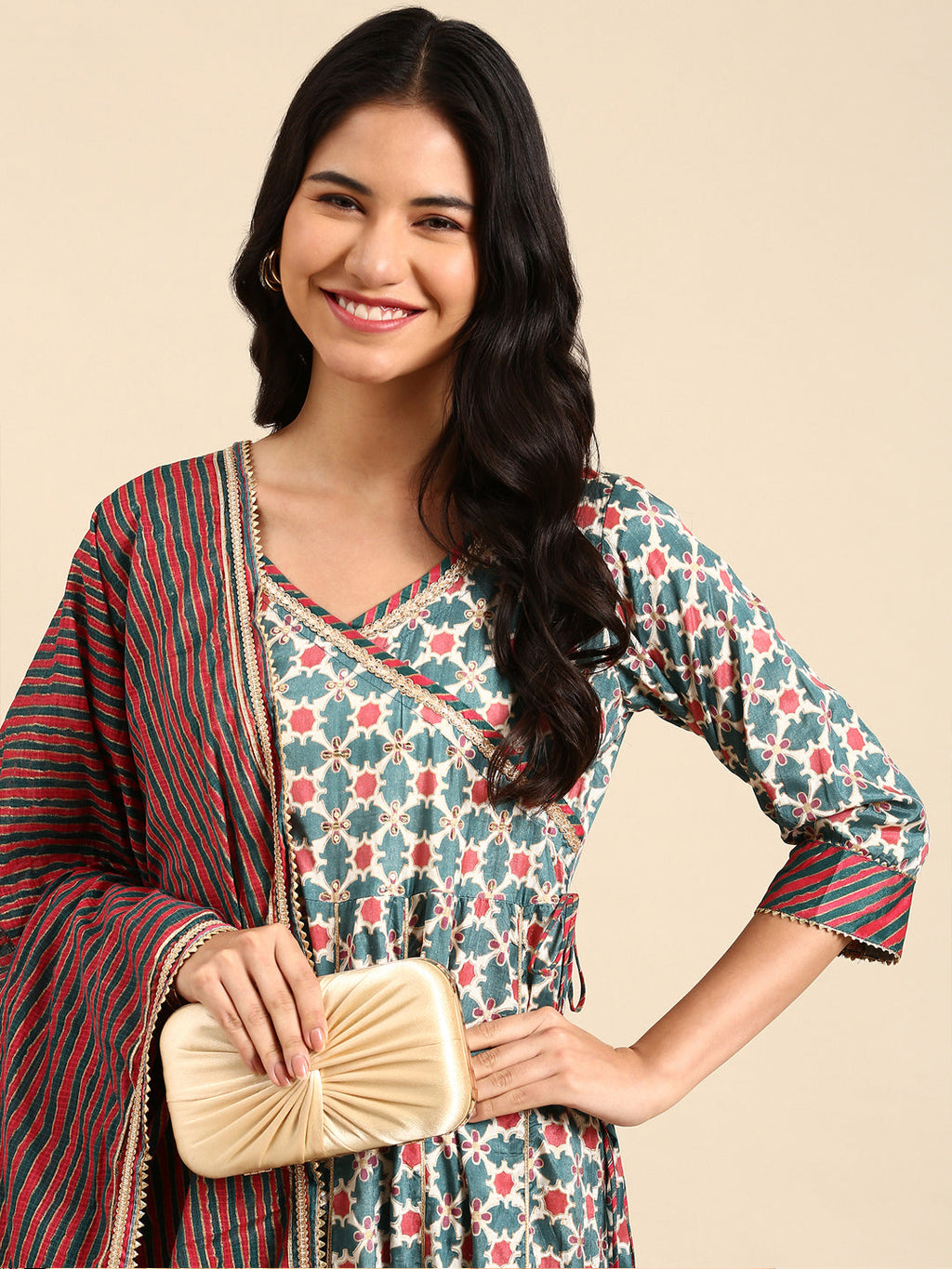 Women's Teal Floral Striped Flared Sleeves Floral Chanderi Silk Anarkali Kurta