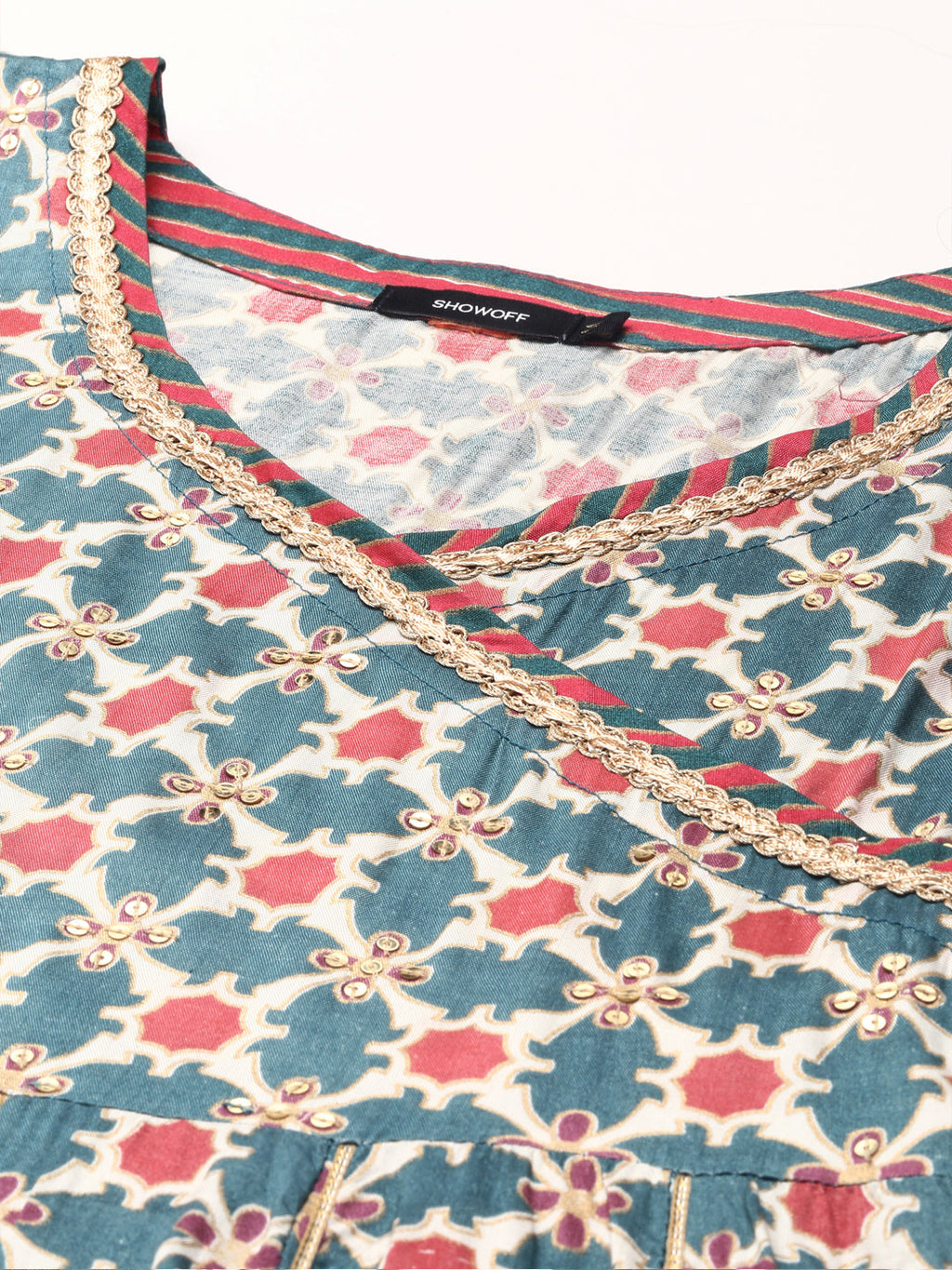 Women's Teal Floral Striped Flared Sleeves Floral Chanderi Silk Anarkali Kurta