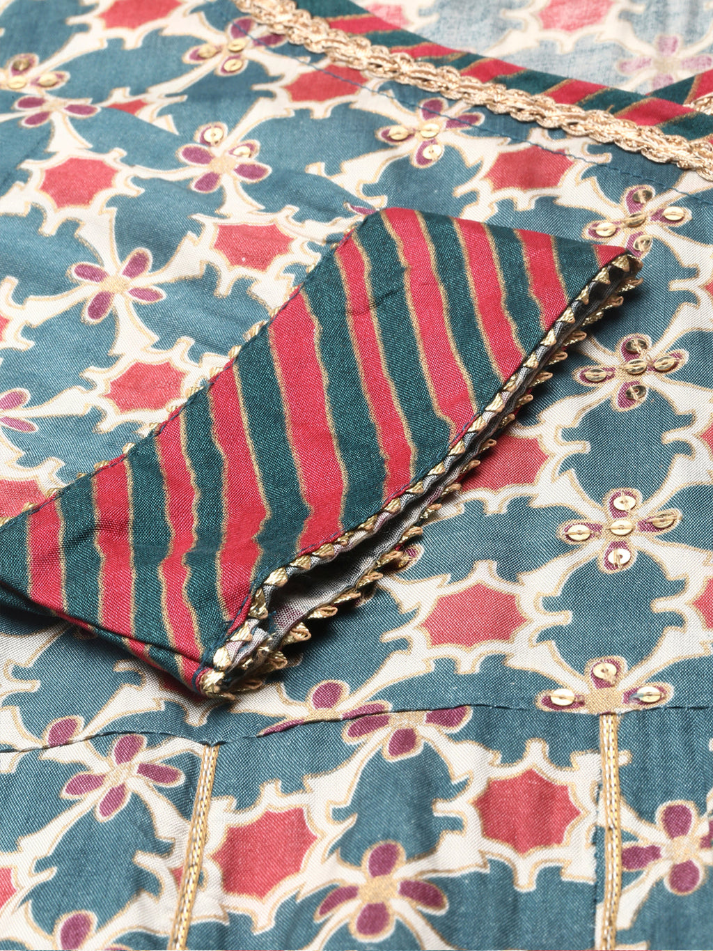 Women's Teal Floral Striped Flared Sleeves Floral Chanderi Silk Anarkali Kurta