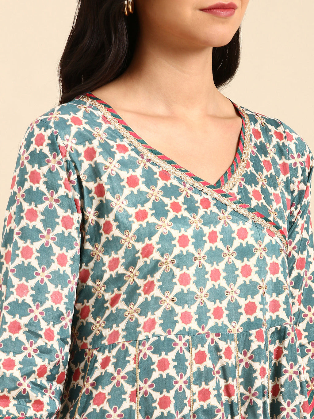 Women's Teal Floral Striped Flared Sleeves Floral Chanderi Silk Anarkali Kurta