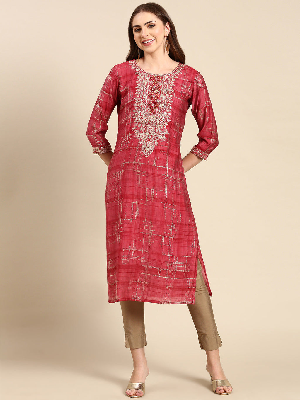 Women's Coral Ethnic Motifs Mirror Work Straight Kurta