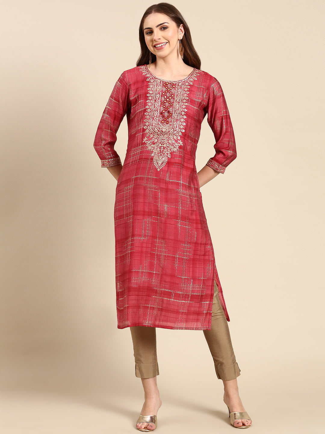Women's Coral Ethnic Motifs Mirror Work Straight Kurta