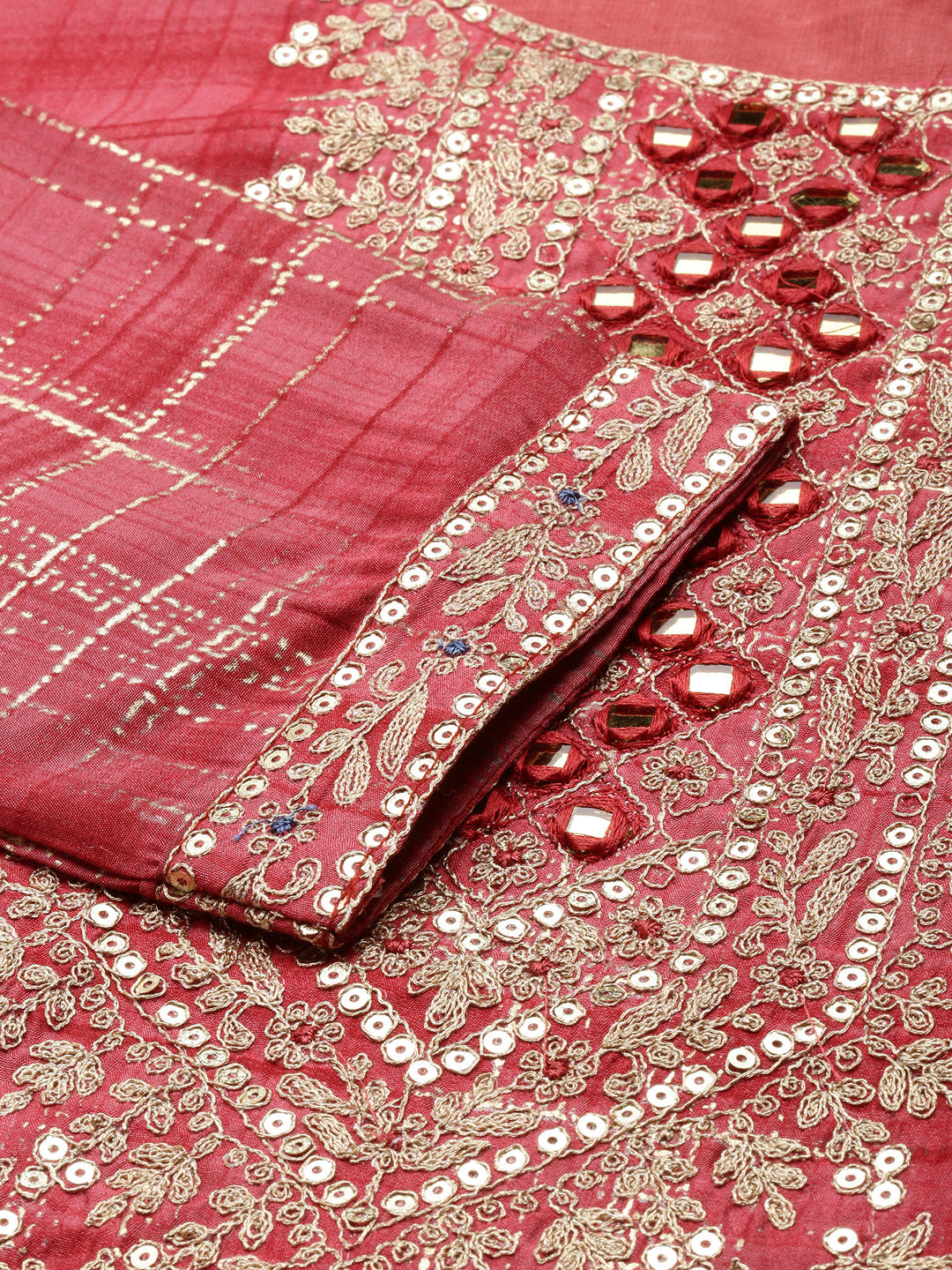 Women's Coral Ethnic Motifs Mirror Work Straight Kurta