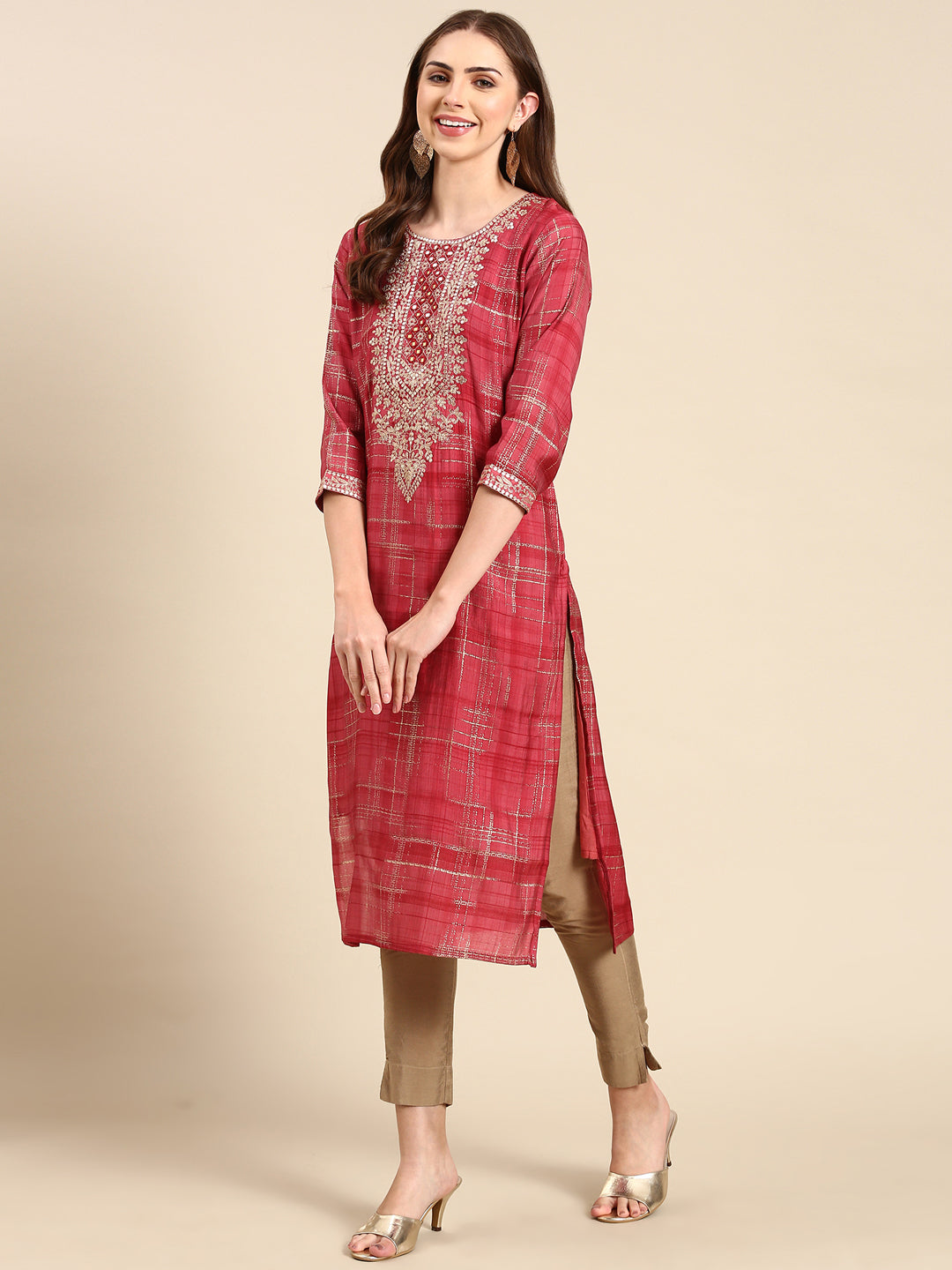 Women's Coral Ethnic Motifs Mirror Work Straight Kurta