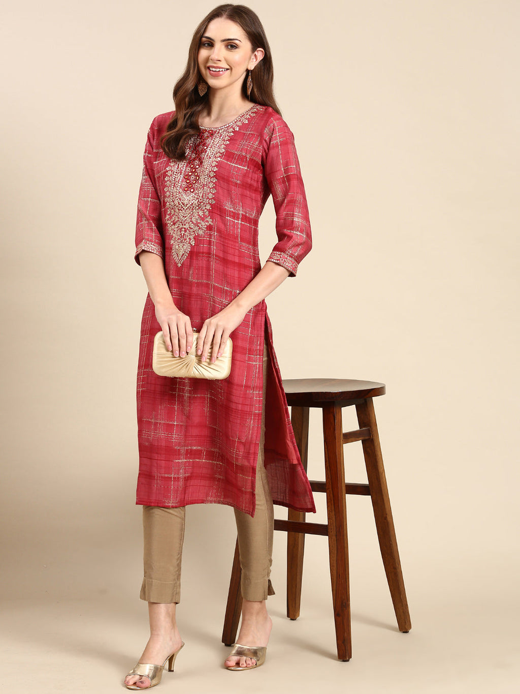 Women's Coral Ethnic Motifs Mirror Work Straight Kurta