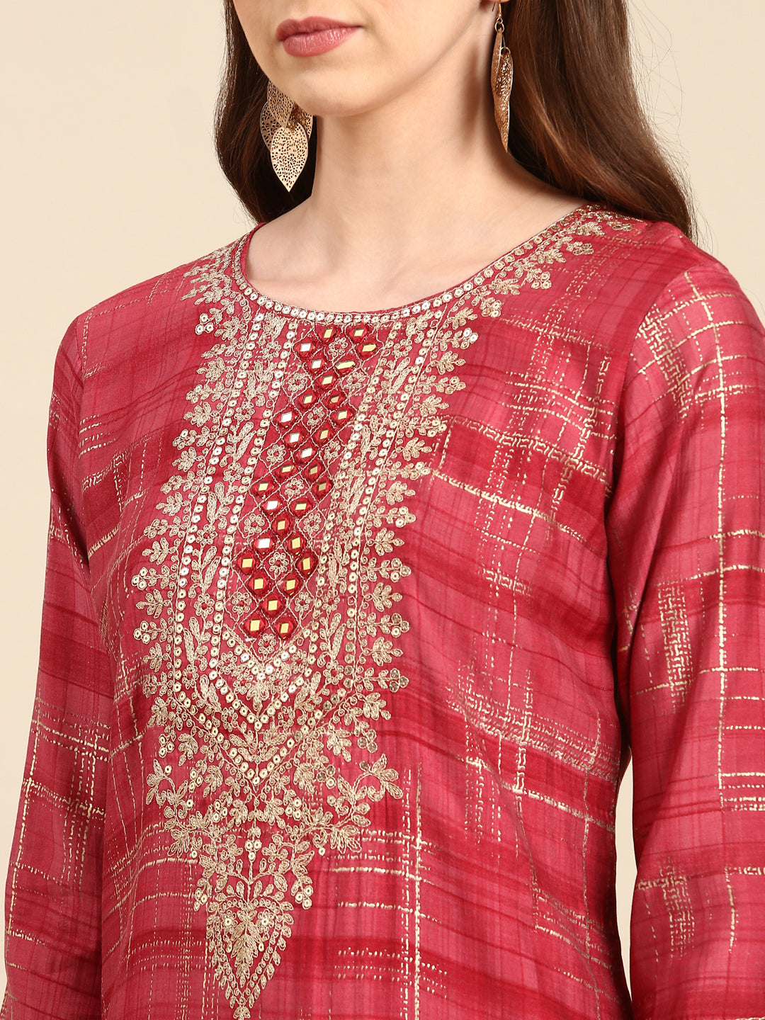 Women's Coral Ethnic Motifs Mirror Work Straight Kurta