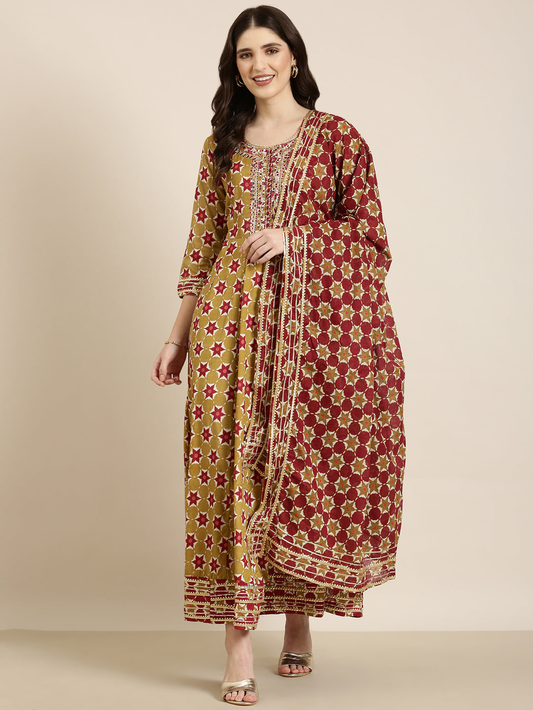 Women's Khaki Floral Printed Indie Prints Anarkali Kurta