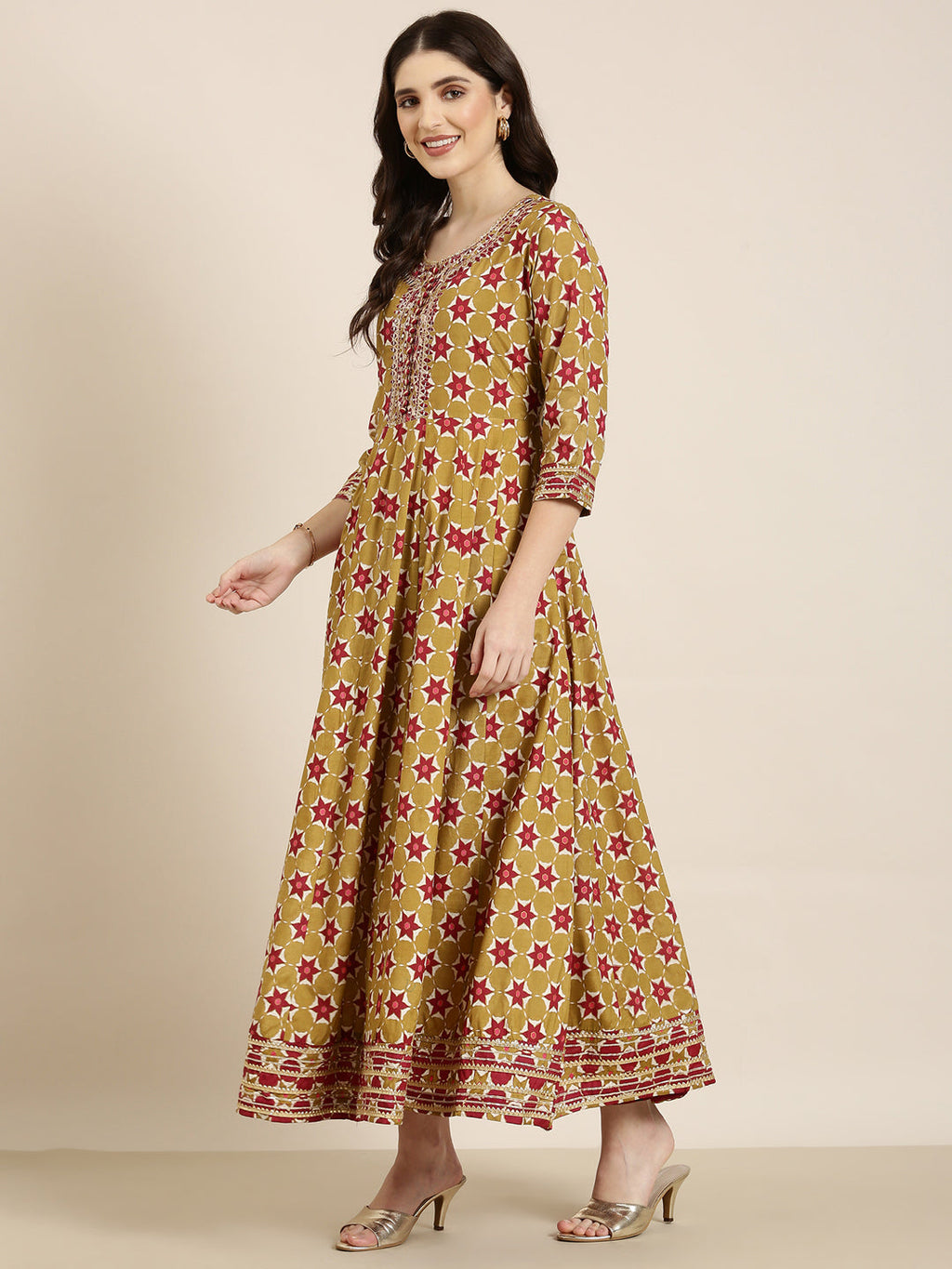 Women's Khaki Floral Printed Indie Prints Anarkali Kurta