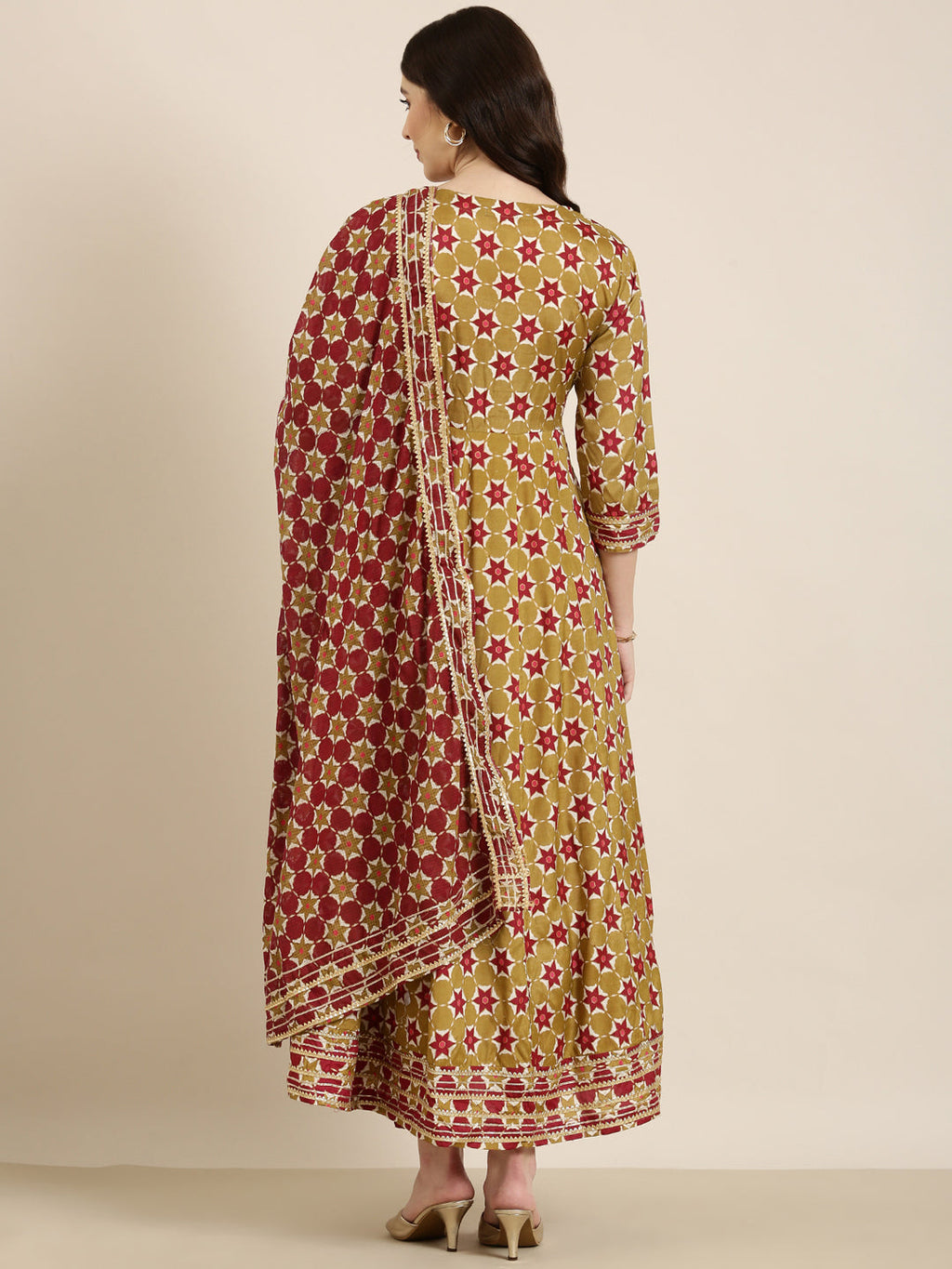 Women's Khaki Floral Printed Indie Prints Anarkali Kurta