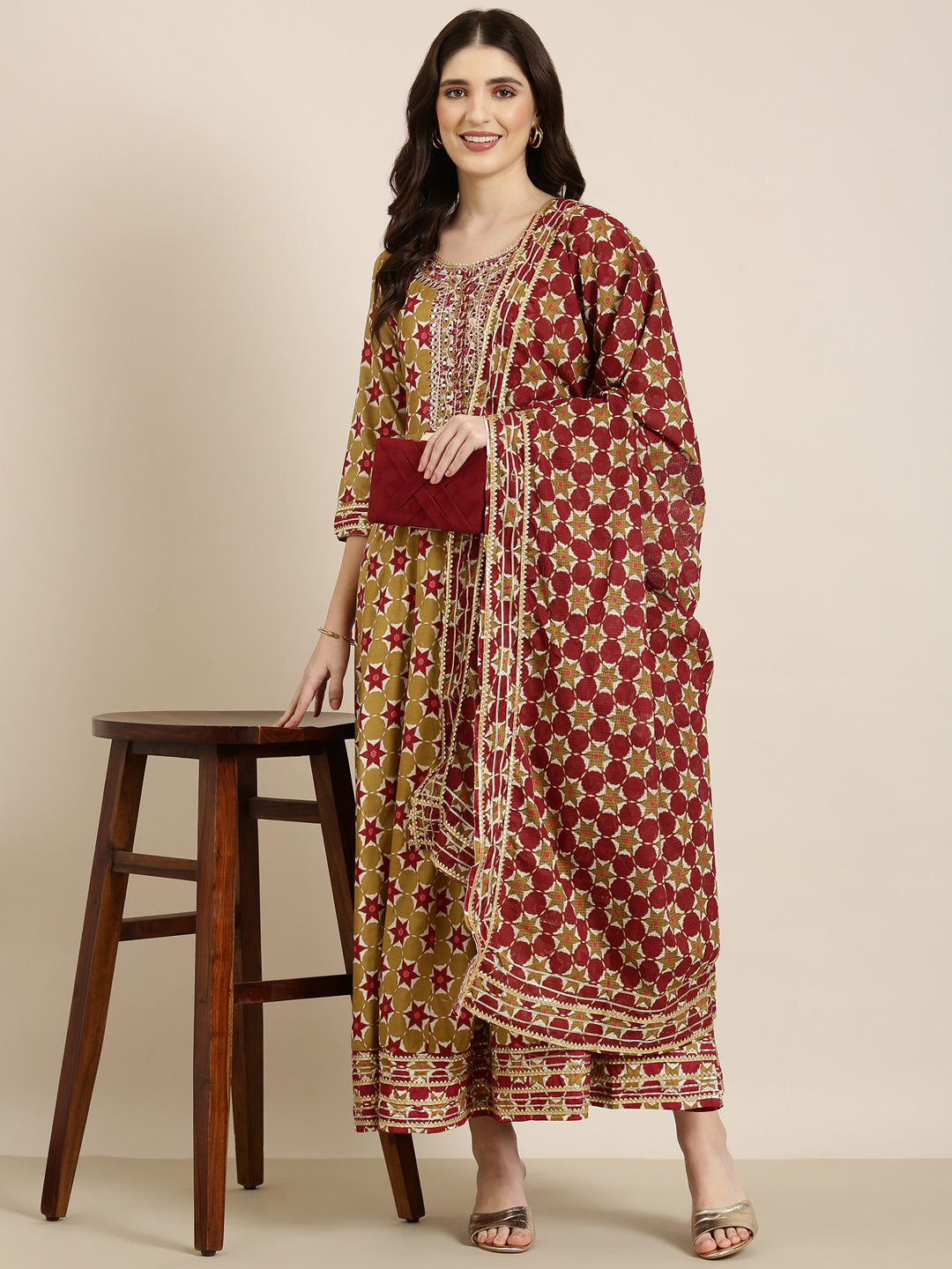 Women's Khaki Floral Printed Indie Prints Anarkali Kurta