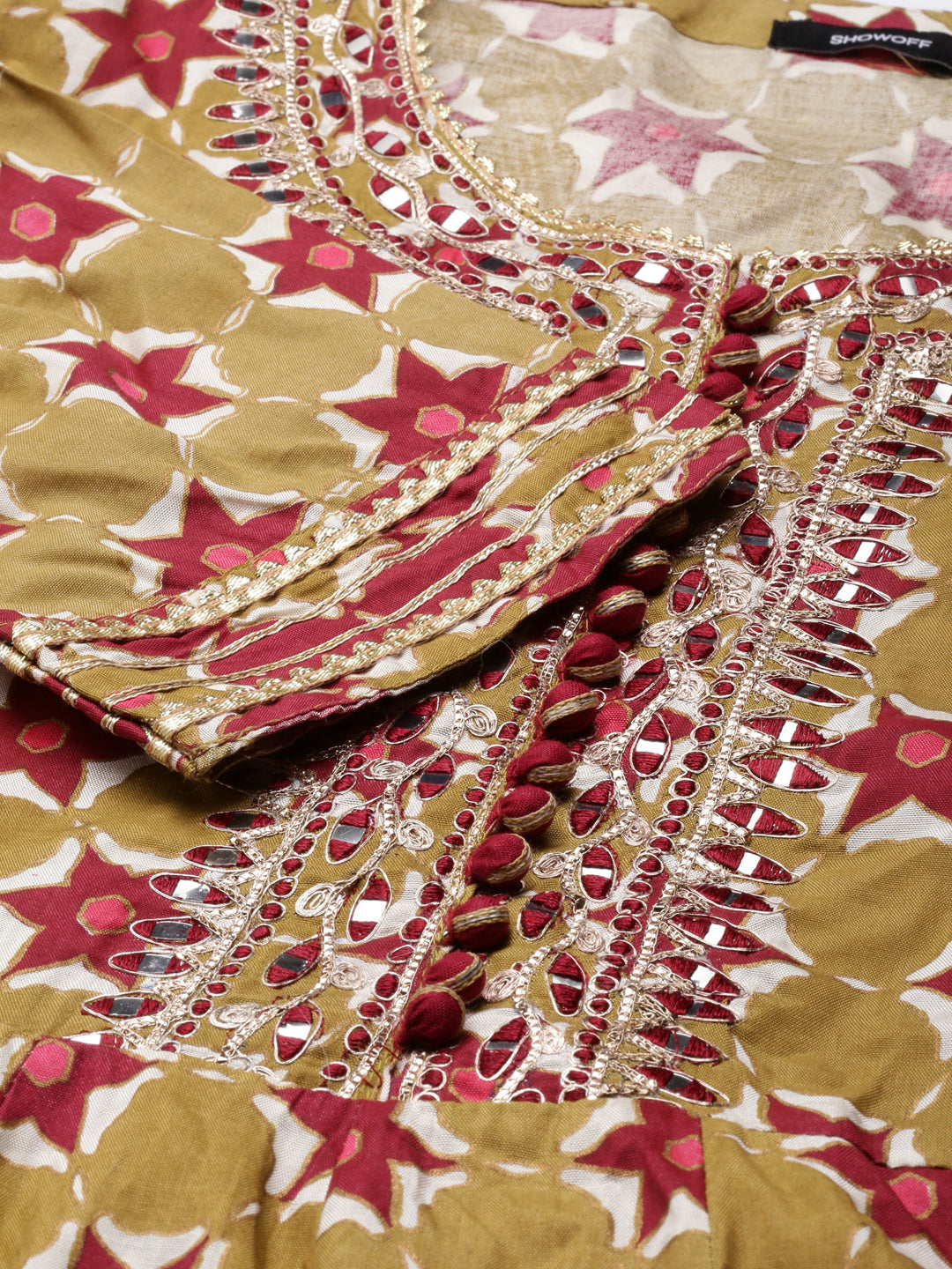 Women's Khaki Floral Printed Indie Prints Anarkali Kurta