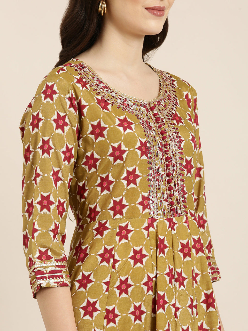 Women's Khaki Floral Printed Indie Prints Anarkali Kurta