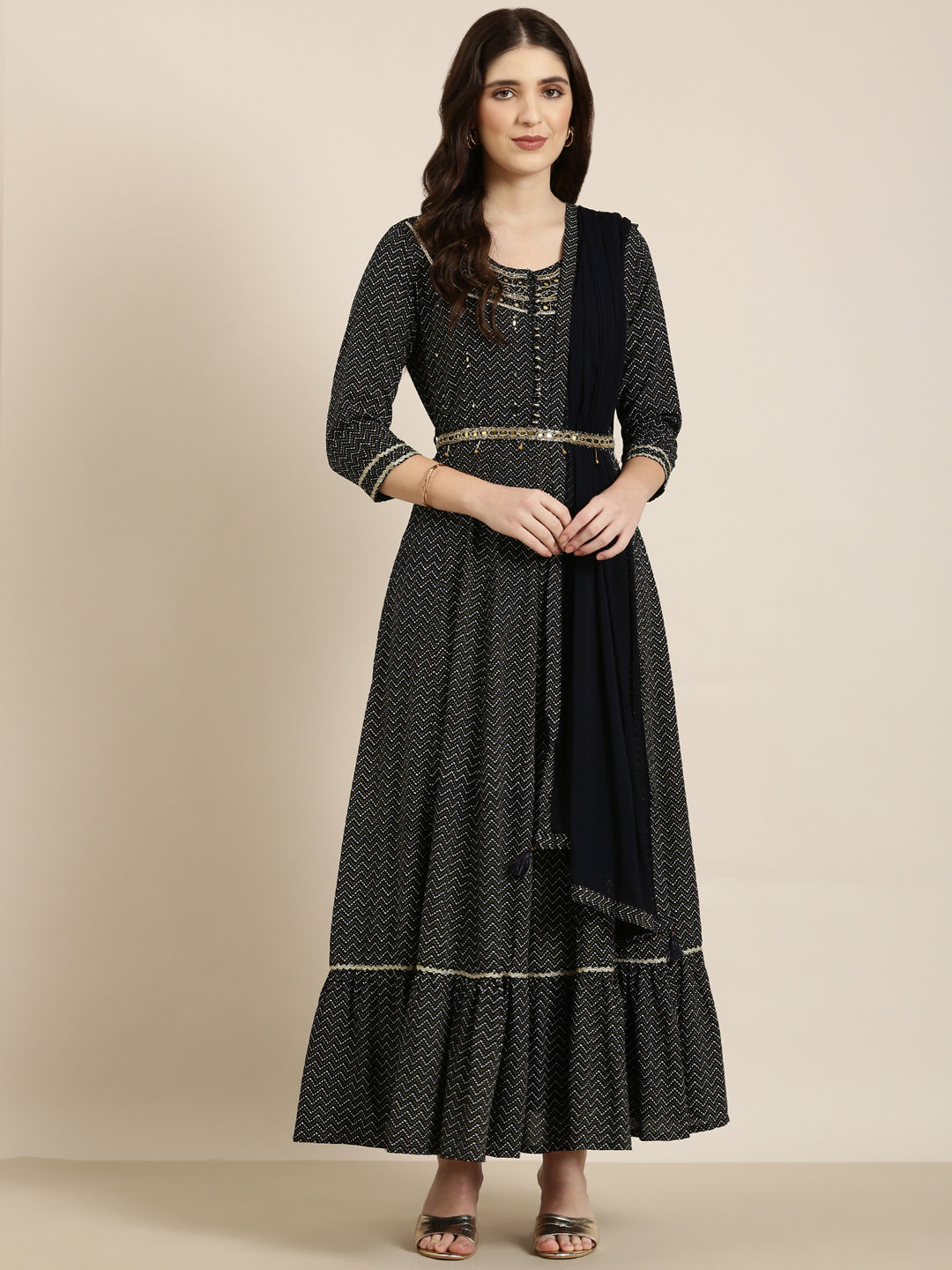 Women's Navy Blue Chevron Printed Sequinned Anarkali Kurta With Dupatta