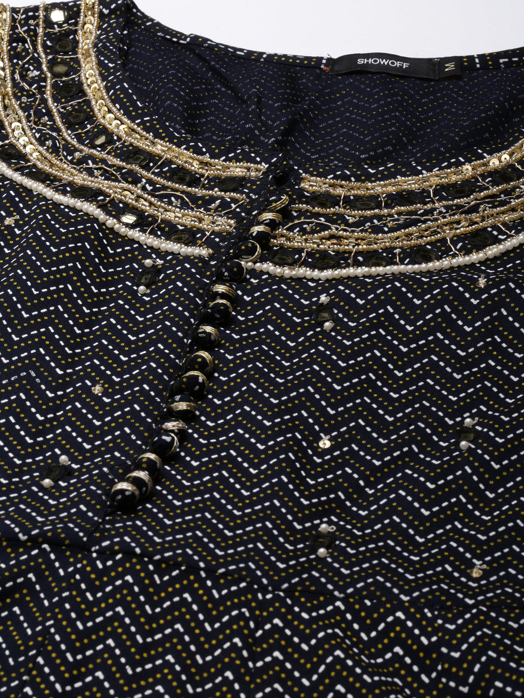 Women's Navy Blue Chevron Printed Sequinned Anarkali Kurta With Dupatta