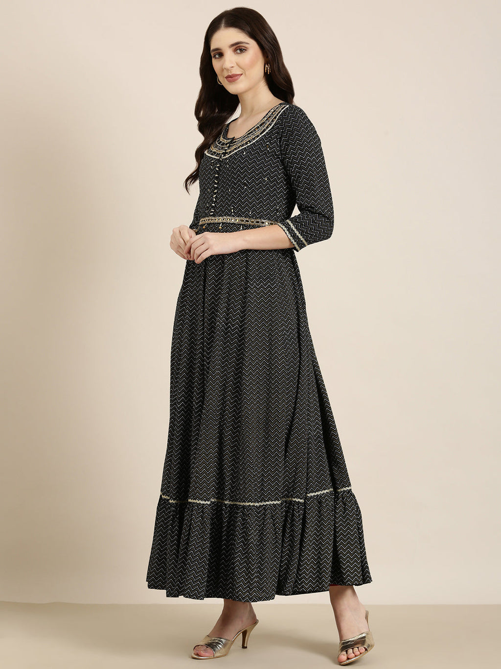 Women's Navy Blue Chevron Printed Sequinned Anarkali Kurta With Dupatta
