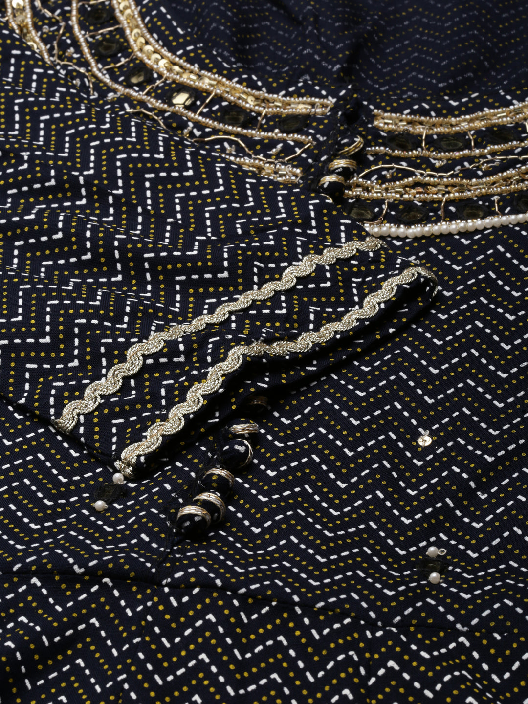 Women's Navy Blue Chevron Printed Sequinned Anarkali Kurta With Dupatta