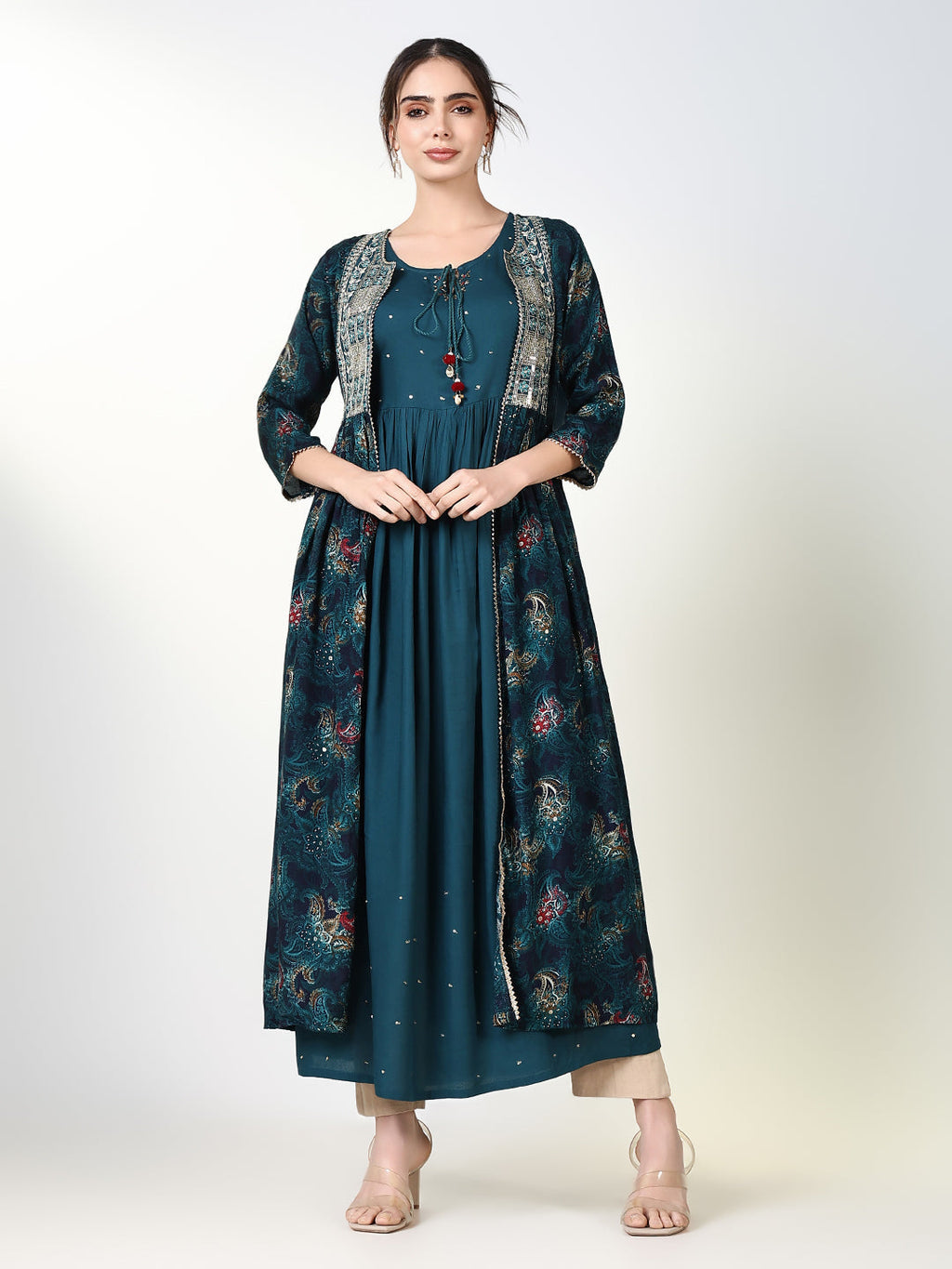 Women's Teal Solid A Line Kurta with Overcoat