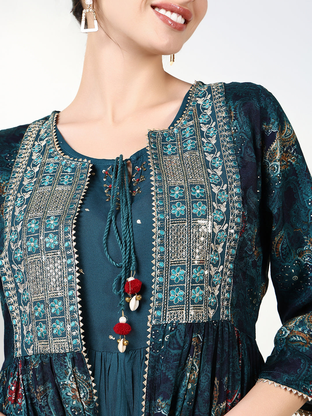 Women's Teal Solid A Line Kurta with Overcoat