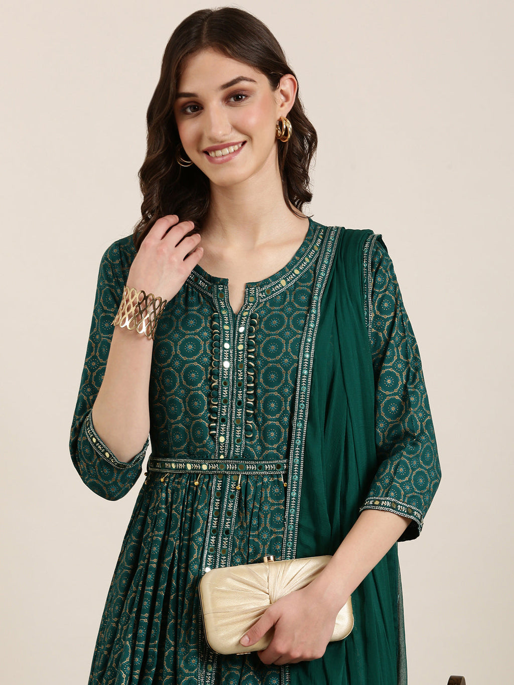 Women's Teal Ethnic Motifs Printed Thread Work Anarkali Kurta With Dupatta