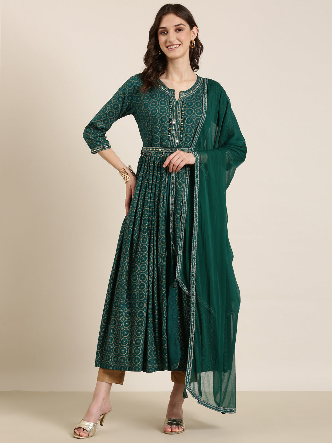 Women's Teal Ethnic Motifs Printed Thread Work Anarkali Kurta With Dupatta