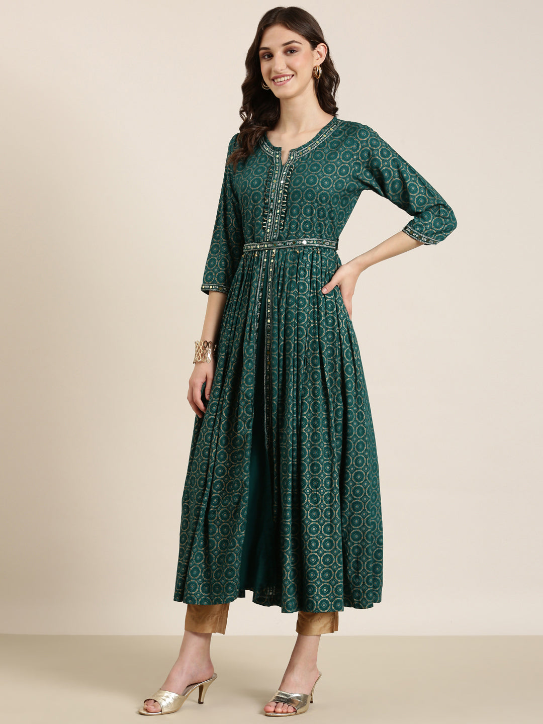 Women's Teal Ethnic Motifs Printed Thread Work Anarkali Kurta With Dupatta