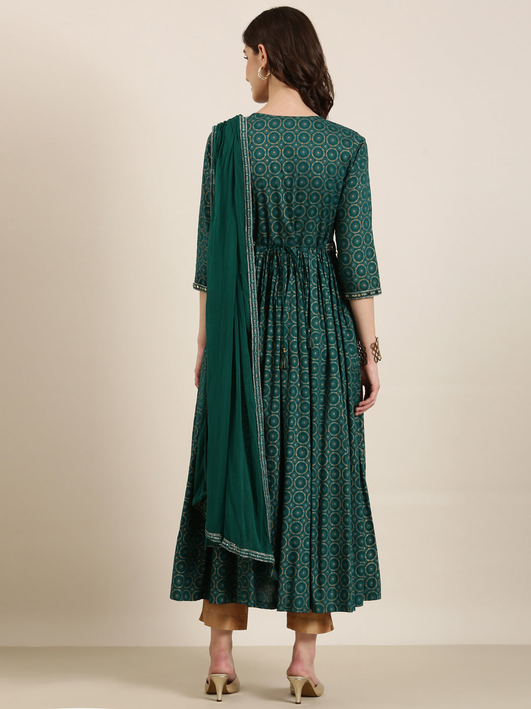 Women's Teal Ethnic Motifs Printed Thread Work Anarkali Kurta With Dupatta