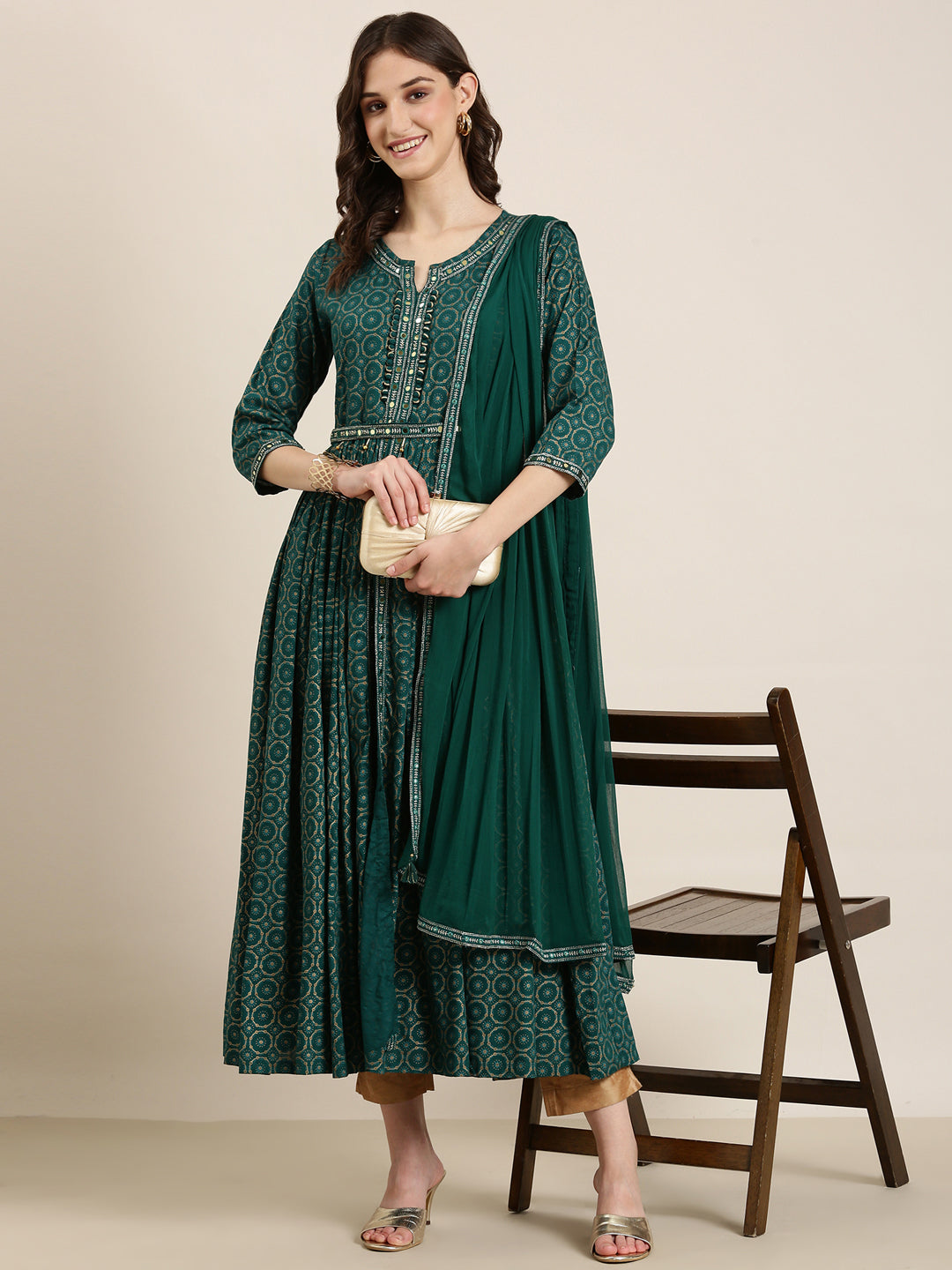 Women's Teal Ethnic Motifs Printed Thread Work Anarkali Kurta With Dupatta