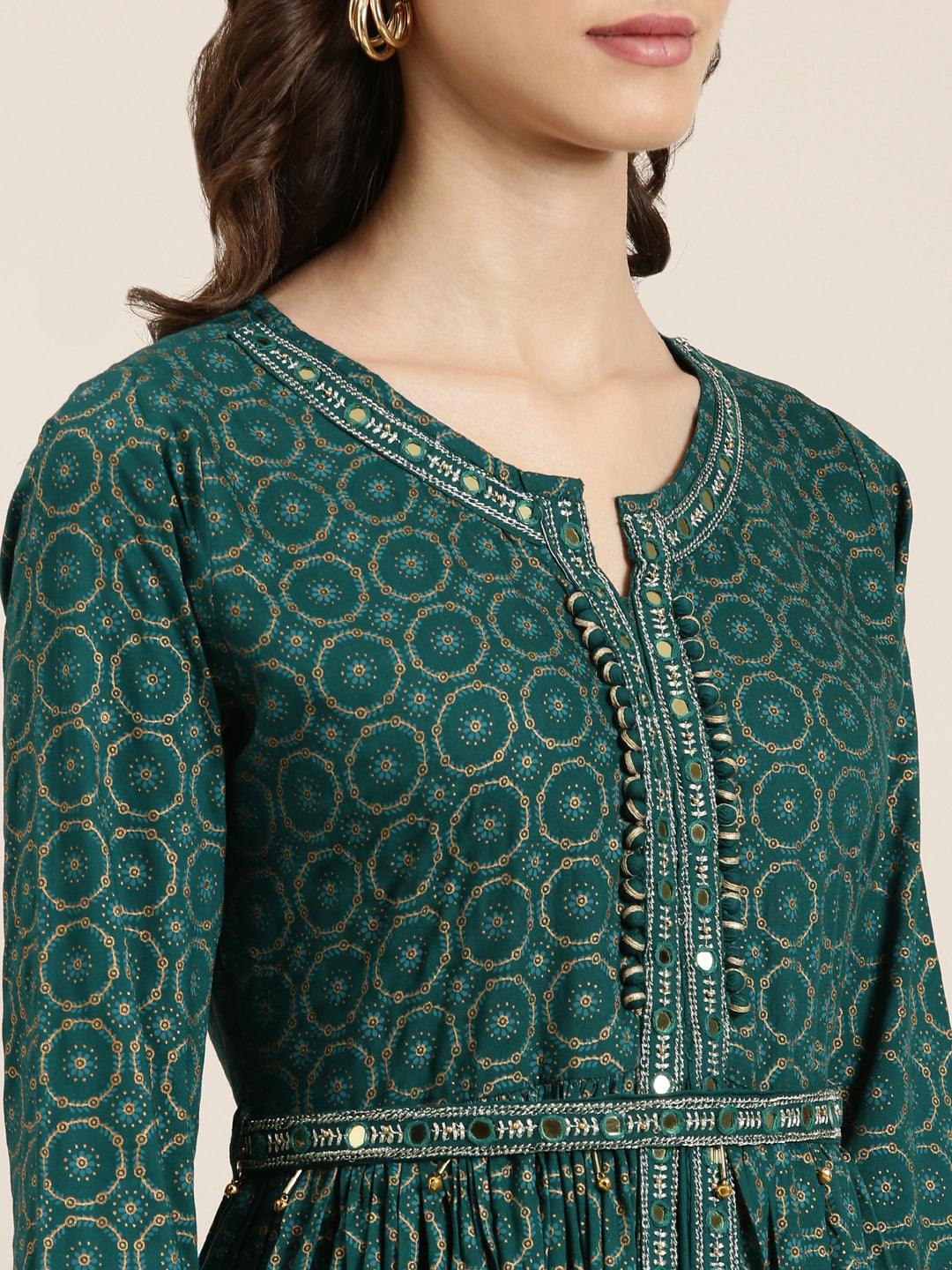 Women's Teal Ethnic Motifs Printed Thread Work Anarkali Kurta With Dupatta