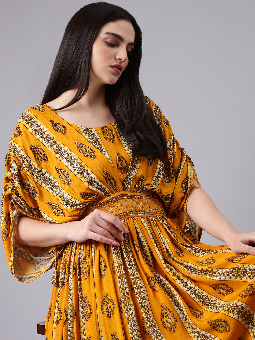 Women's Mustard Ethnic Motifs Printed Kimono Sleeves Fit & Flare Dress