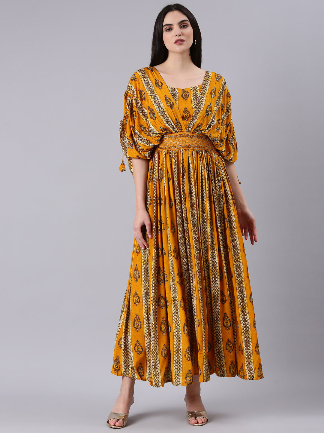 Women's Mustard Ethnic Motifs Printed Kimono Sleeves Fit & Flare Dress